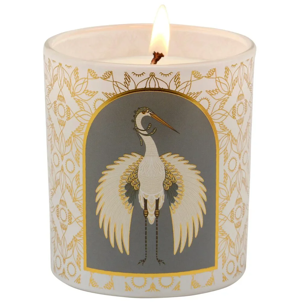 Nouveau Crane Sage Scent Jar Candle | Bird Pattern Metallic Gold Accent Frosted